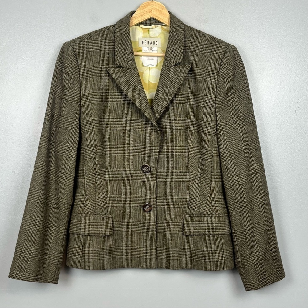 Feraud women’s wool cashmere & silk plaid 2 button blazer, 40 = approx. US 8.